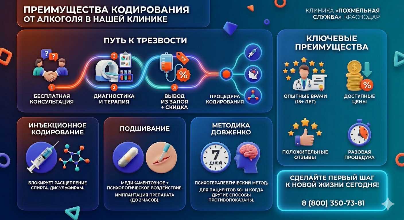 Инфографика о методах кодирования от алкоголя в Чермене: инъекции, подшивание, метод Довженко. Преимущества клиники и этапы лечения.